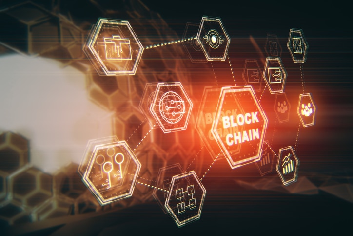 Side view of block chain hologram on blurry pattern background. Interface concept. 3D Rendering