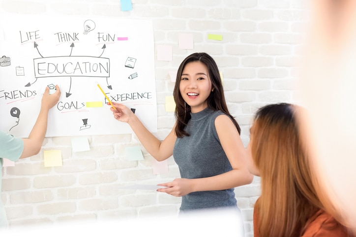 Oversea woman college student making a presentation in front of classroom