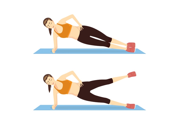 Woman doing Side plank Hip Abduction exercise guide in 2 step. Illustration about side abdominal workout.