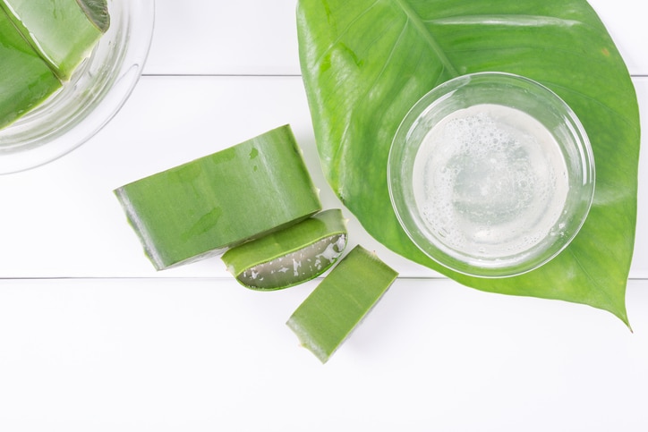 Fresh aloe vera leaves with aloe vera juice in glass bowl on wooden background