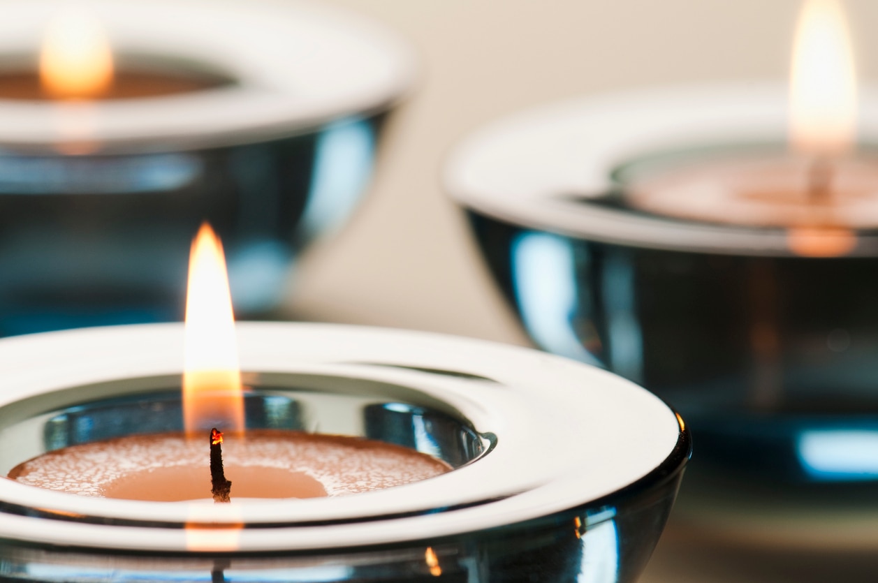 Blue Glass candle holders with tea lights