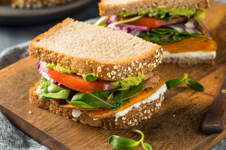 Healthy Homemade Vegetarian Veggie Sandwich with Sweet Potatoes Lettuce Tomato Cheese